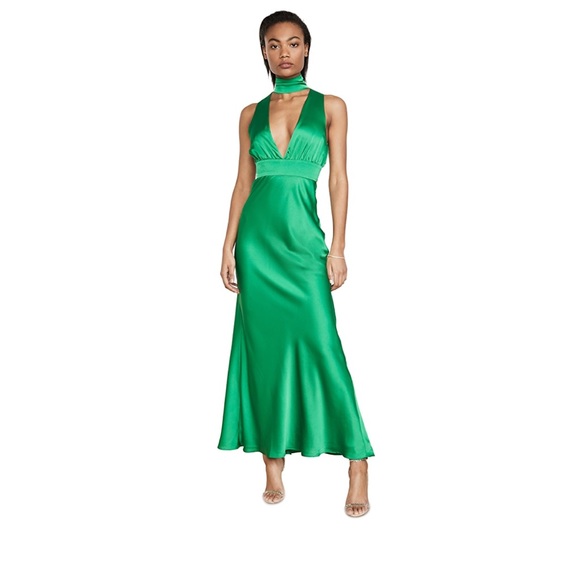Fame and Partners Choker Plunge Neck Satin Dree Dress Kelly Green Size US2 - Picture 3 of 12